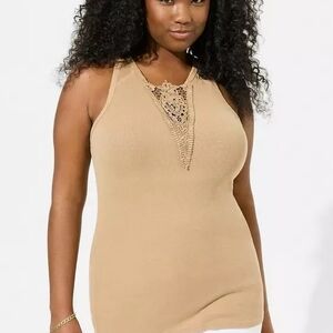 torrid Beige Crochet-Detail Ribbed Tank Top